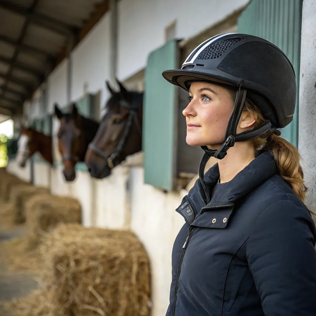 Emily Clark wearing a riding helmet
